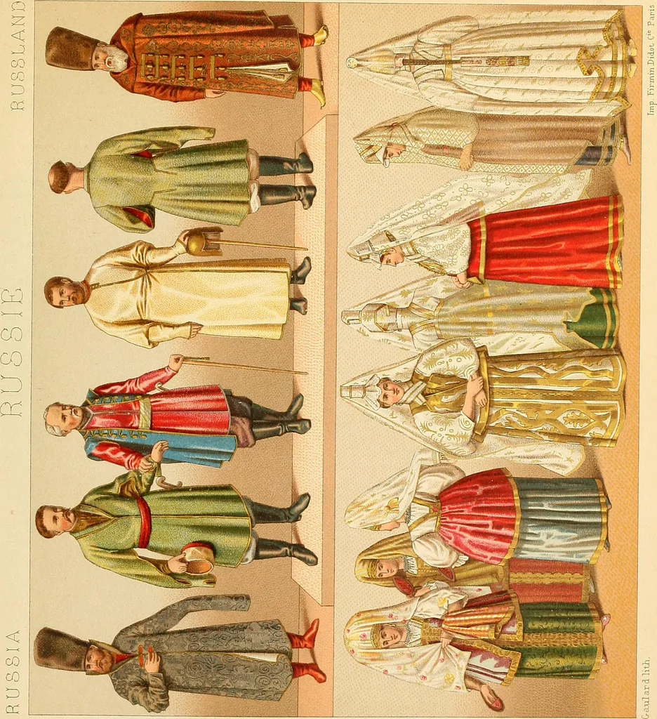 An illustration from Le costume historique. Cinq cents planches, trois cents en couleurs, or et argent, deux cents en camaieu. Types principaux du vêtement et de la parure, rapprochés de ceux de l'intérieur de l'habitation dans tous les temps et chez tous les peuples, avec de nombreux détails sur le mobilier, les armes, les objets usuels, les moyens de transport, etc, 1888, leaf 246