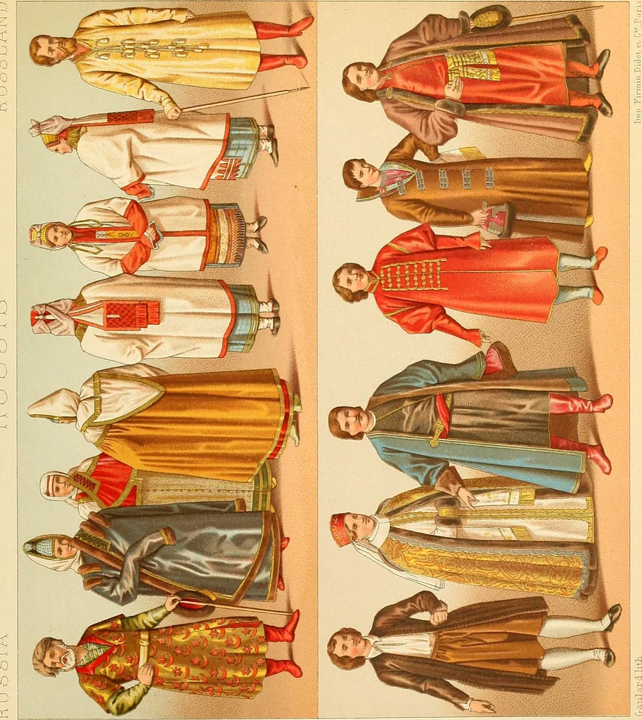 An illustration from Le costume historique. Cinq cents planches, trois cents en couleurs, or et argent, deux cents en camaieu. Types principaux du vêtement et de la parure, rapprochés de ceux de l'intérieur de l'habitation dans tous les temps et chez tous les peuples, avec de nombreux détails sur le mobilier, les armes, les objets usuels, les moyens de transport, etc, 1888, leaf 248
