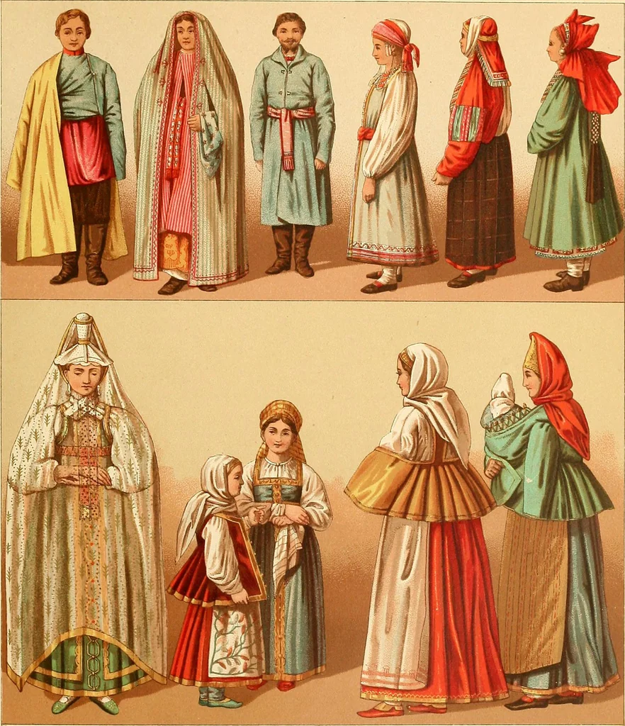 An illustration from Le costume historique. Cinq cents planches, trois cents en couleurs, or et argent, deux cents en camaieu. Types principaux du vêtement et de la parure, rapprochés de ceux de l'intérieur de l'habitation dans tous les temps et chez tous les peuples, avec de nombreux détails sur le mobilier, les armes, les objets usuels, les moyens de transport, etc, 1888, leaf 256