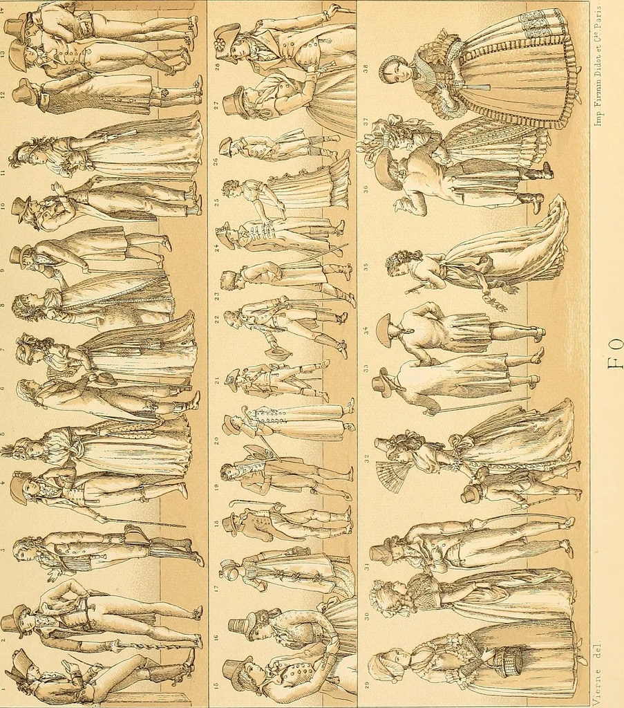 An illustration from Le costume historique. Cinq cents planches, trois cents en couleurs, or et argent, deux cents en camaieu. Types principaux du vêtement et de la parure, rapprochés de ceux de l'intérieur de l'habitation dans tous les temps et chez tous les peuples, avec de nombreux détails sur le mobilier, les armes, les objets usuels, les moyens de transport, etc, 1888, leaf 26