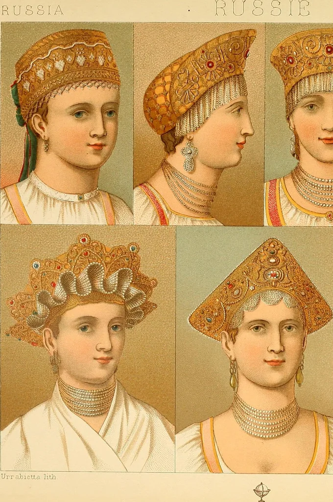 An illustration from Le costume historique. Cinq cents planches, trois cents en couleurs, or et argent, deux cents en camaieu. Types principaux du vêtement et de la parure, rapprochés de ceux de l'intérieur de l'habitation dans tous les temps et chez tous les peuples, avec de nombreux détails sur le mobilier, les armes, les objets usuels, les moyens de transport, etc, 1888, leaf 266