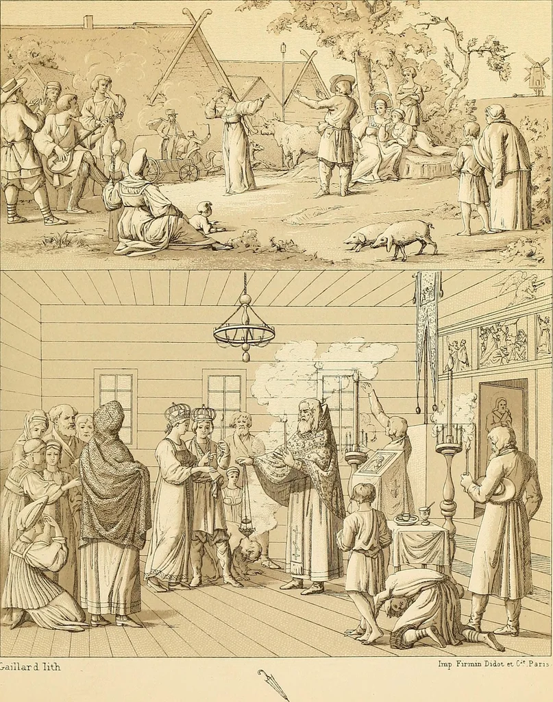 An illustration from Le costume historique. Cinq cents planches, trois cents en couleurs, or et argent, deux cents en camaieu. Types principaux du vêtement et de la parure, rapprochés de ceux de l'intérieur de l'habitation dans tous les temps et chez tous les peuples, avec de nombreux détails sur le mobilier, les armes, les objets usuels, les moyens de transport, etc, 1888, leaf 274