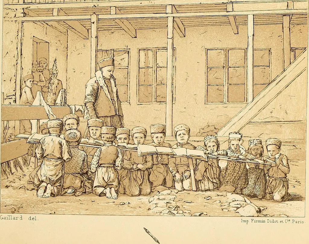 An illustration from Le costume historique. Cinq cents planches, trois cents en couleurs, or et argent, deux cents en camaieu. Types principaux du vêtement et de la parure, rapprochés de ceux de l'intérieur de l'habitation dans tous les temps et chez tous les peuples, avec de nombreux détails sur le mobilier, les armes, les objets usuels, les moyens de transport, etc, 1888, leaf 292