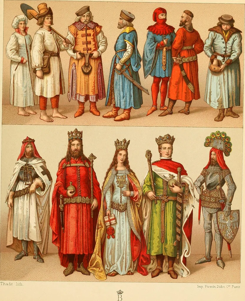 An illustration from Le costume historique. Cinq cents planches, trois cents en couleurs, or et argent, deux cents en camaieu. Types principaux du vêtement et de la parure, rapprochés de ceux de l'intérieur de l'habitation dans tous les temps et chez tous les peuples, avec de nombreux détails sur le mobilier, les armes, les objets usuels, les moyens de transport, etc, 1888, leaf 306