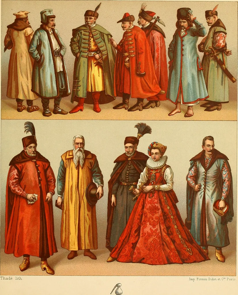 An illustration from Le costume historique. Cinq cents planches, trois cents en couleurs, or et argent, deux cents en camaieu. Types principaux du vêtement et de la parure, rapprochés de ceux de l'intérieur de l'habitation dans tous les temps et chez tous les peuples, avec de nombreux détails sur le mobilier, les armes, les objets usuels, les moyens de transport, etc, 1888, leaf 314