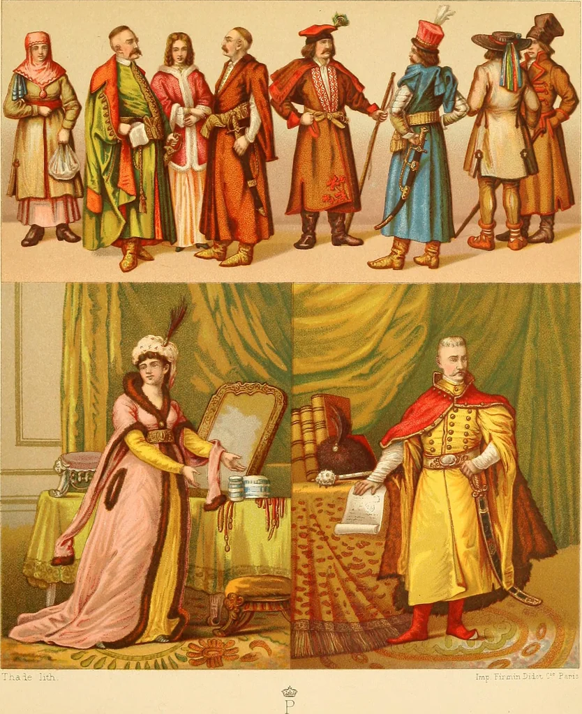 An illustration from Le costume historique. Cinq cents planches, trois cents en couleurs, or et argent, deux cents en camaieu. Types principaux du vêtement et de la parure, rapprochés de ceux de l'intérieur de l'habitation dans tous les temps et chez tous les peuples, avec de nombreux détails sur le mobilier, les armes, les objets usuels, les moyens de transport, etc, 1888, leaf 320
