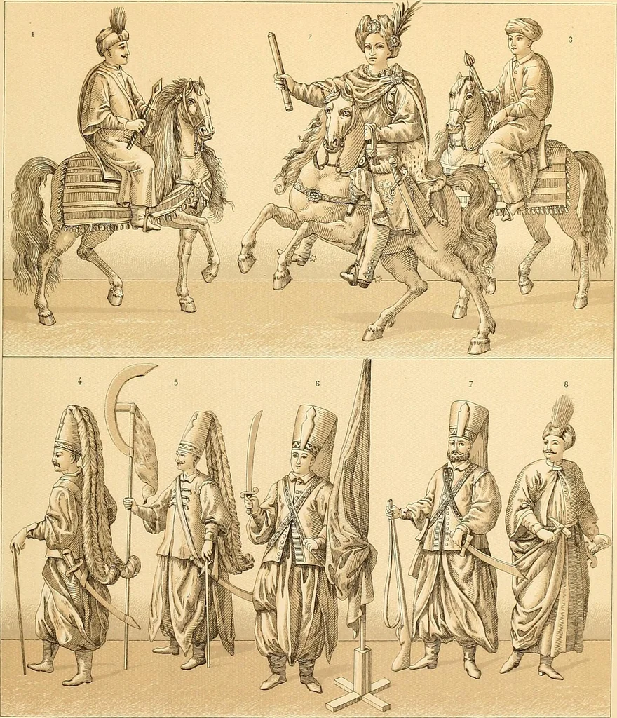 An illustration from Le costume historique. Cinq cents planches, trois cents en couleurs, or et argent, deux cents en camaieu. Types principaux du vêtement et de la parure, rapprochés de ceux de l'intérieur de l'habitation dans tous les temps et chez tous les peuples, avec de nombreux détails sur le mobilier, les armes, les objets usuels, les moyens de transport, etc, 1888, leaf 326