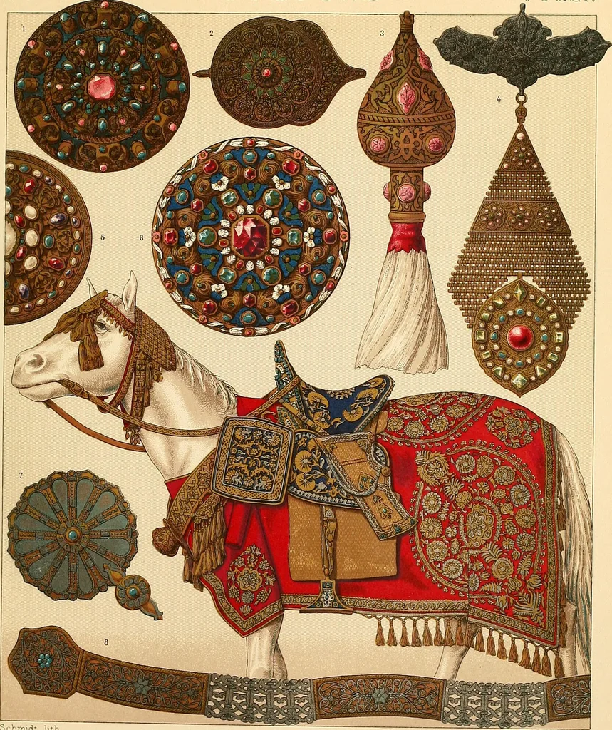 An illustration from Le costume historique. Cinq cents planches, trois cents en couleurs, or et argent, deux cents en camaieu. Types principaux du vêtement et de la parure, rapprochés de ceux de l'intérieur de l'habitation dans tous les temps et chez tous les peuples, avec de nombreux détails sur le mobilier, les armes, les objets usuels, les moyens de transport, etc, 1888, leaf 332