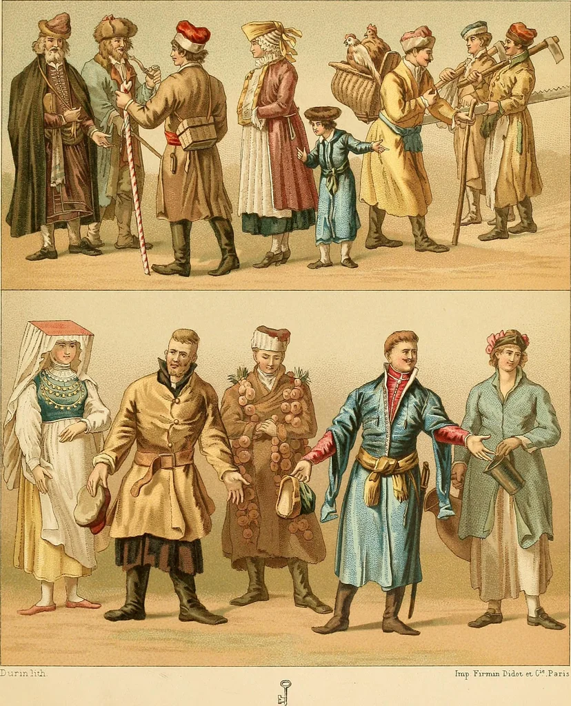 An illustration from Le costume historique. Cinq cents planches, trois cents en couleurs, or et argent, deux cents en camaieu. Types principaux du vêtement et de la parure, rapprochés de ceux de l'intérieur de l'habitation dans tous les temps et chez tous les peuples, avec de nombreux détails sur le mobilier, les armes, les objets usuels, les moyens de transport, etc, 1888, leaf 336