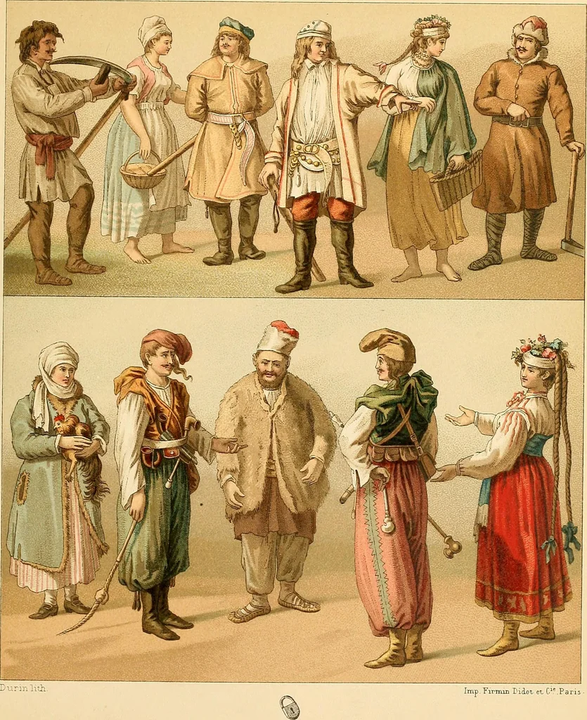 An illustration from Le costume historique. Cinq cents planches, trois cents en couleurs, or et argent, deux cents en camaieu. Types principaux du vêtement et de la parure, rapprochés de ceux de l'intérieur de l'habitation dans tous les temps et chez tous les peuples, avec de nombreux détails sur le mobilier, les armes, les objets usuels, les moyens de transport, etc, 1888, leaf 340
