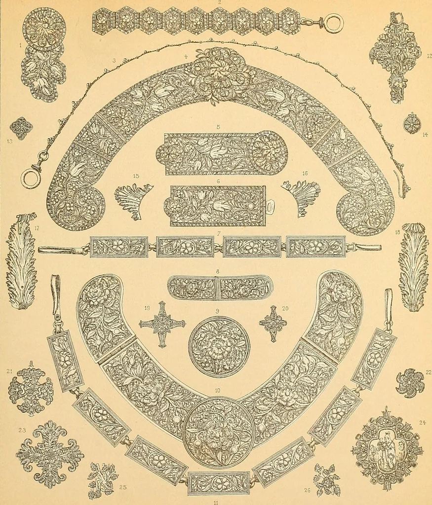An illustration from Le costume historique. Cinq cents planches, trois cents en couleurs, or et argent, deux cents en camaieu. Types principaux du vêtement et de la parure, rapprochés de ceux de l'intérieur de l'habitation dans tous les temps et chez tous les peuples, avec de nombreux détails sur le mobilier, les armes, les objets usuels, les moyens de transport, etc, 1888, leaf 360