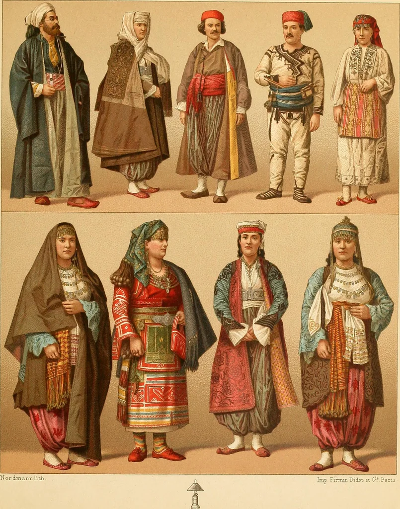 An illustration from Le costume historique. Cinq cents planches, trois cents en couleurs, or et argent, deux cents en camaieu. Types principaux du vêtement et de la parure, rapprochés de ceux de l'intérieur de l'habitation dans tous les temps et chez tous les peuples, avec de nombreux détails sur le mobilier, les armes, les objets usuels, les moyens de transport, etc, 1888, leaf 368
