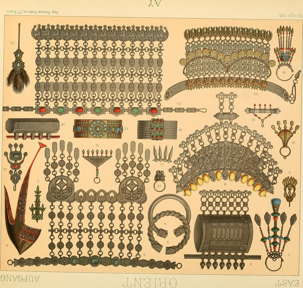 An illustration from Le costume historique. Cinq cents planches, trois cents en couleurs, or et argent, deux cents en camaieu. Types principaux du vêtement et de la parure, rapprochés de ceux de l'intérieur de l'habitation dans tous les temps et chez tous les peuples, avec de nombreux détails sur le mobilier, les armes, les objets usuels, les moyens de transport, etc, 1888, leaf 376