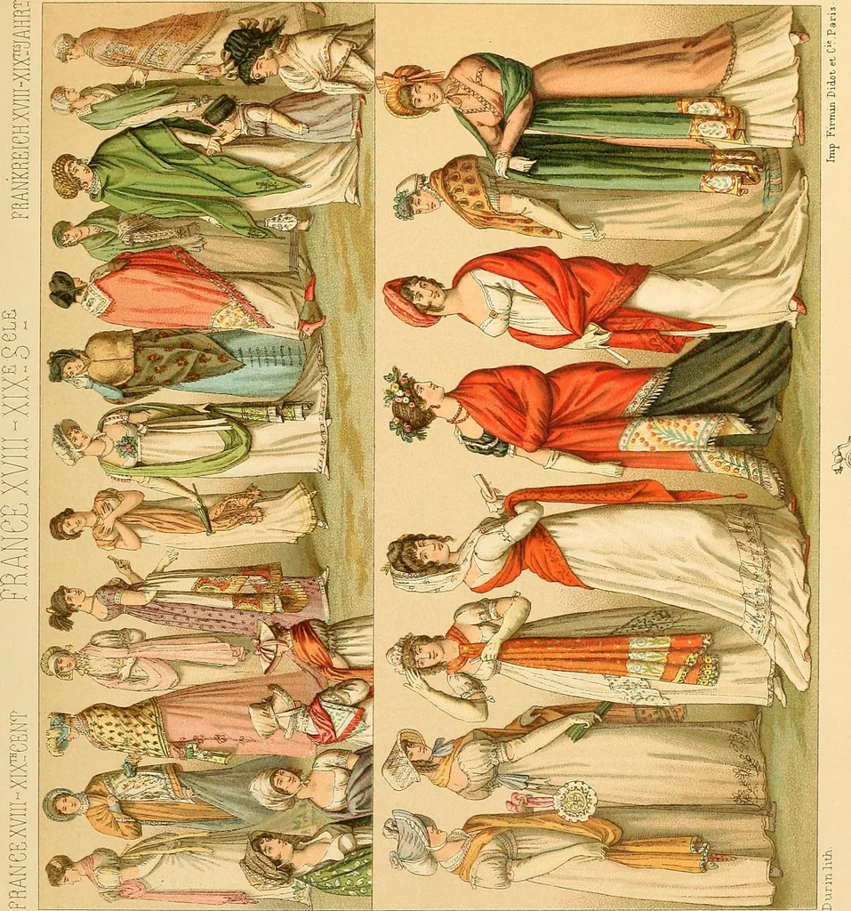 An illustration from Le costume historique. Cinq cents planches, trois cents en couleurs, or et argent, deux cents en camaieu. Types principaux du vêtement et de la parure, rapprochés de ceux de l'intérieur de l'habitation dans tous les temps et chez tous les peuples, avec de nombreux détails sur le mobilier, les armes, les objets usuels, les moyens de transport, etc, 1888, leaf 38