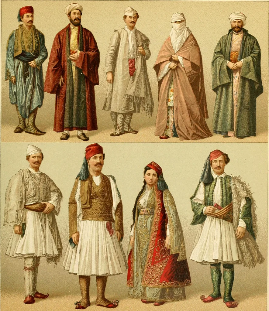 An illustration from Le costume historique. Cinq cents planches, trois cents en couleurs, or et argent, deux cents en camaieu. Types principaux du vêtement et de la parure, rapprochés de ceux de l'intérieur de l'habitation dans tous les temps et chez tous les peuples, avec de nombreux détails sur le mobilier, les armes, les objets usuels, les moyens de transport, etc, 1888, leaf 380