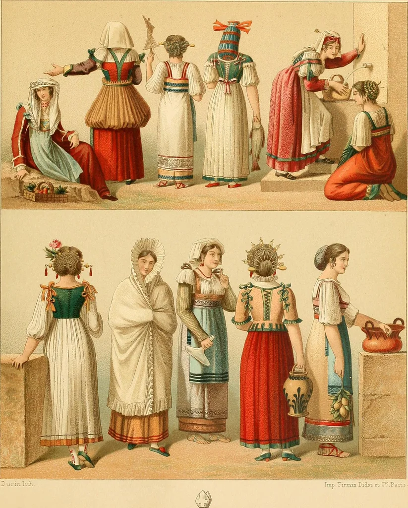 An illustration from Le costume historique. Cinq cents planches, trois cents en couleurs, or et argent, deux cents en camaieu. Types principaux du vêtement et de la parure, rapprochés de ceux de l'intérieur de l'habitation dans tous les temps et chez tous les peuples, avec de nombreux détails sur le mobilier, les armes, les objets usuels, les moyens de transport, etc, 1888, leaf 386