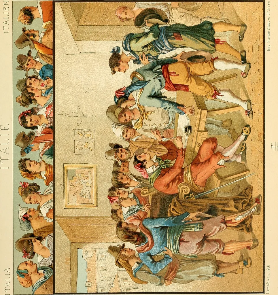 An illustration from Le costume historique. Cinq cents planches, trois cents en couleurs, or et argent, deux cents en camaieu. Types principaux du vêtement et de la parure, rapprochés de ceux de l'intérieur de l'habitation dans tous les temps et chez tous les peuples, avec de nombreux détails sur le mobilier, les armes, les objets usuels, les moyens de transport, etc, 1888, leaf 390