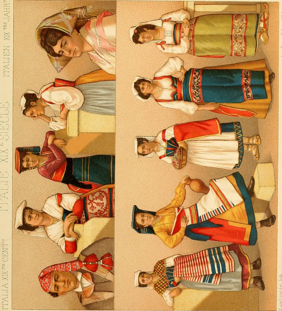 An illustration from Le costume historique. Cinq cents planches, trois cents en couleurs, or et argent, deux cents en camaieu. Types principaux du vêtement et de la parure, rapprochés de ceux de l'intérieur de l'habitation dans tous les temps et chez tous les peuples, avec de nombreux détails sur le mobilier, les armes, les objets usuels, les moyens de transport, etc, 1888, leaf 394