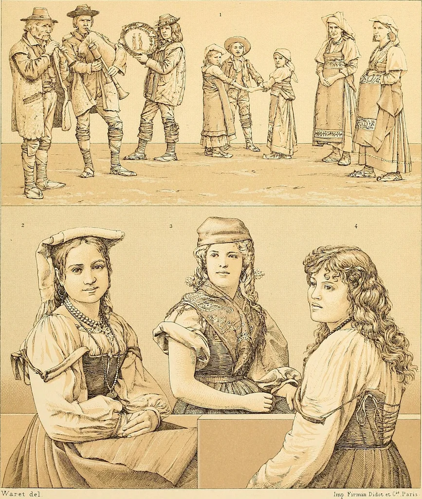 An illustration from Le costume historique. Cinq cents planches, trois cents en couleurs, or et argent, deux cents en camaieu. Types principaux du vêtement et de la parure, rapprochés de ceux de l'intérieur de l'habitation dans tous les temps et chez tous les peuples, avec de nombreux détails sur le mobilier, les armes, les objets usuels, les moyens de transport, etc, 1888, leaf 398