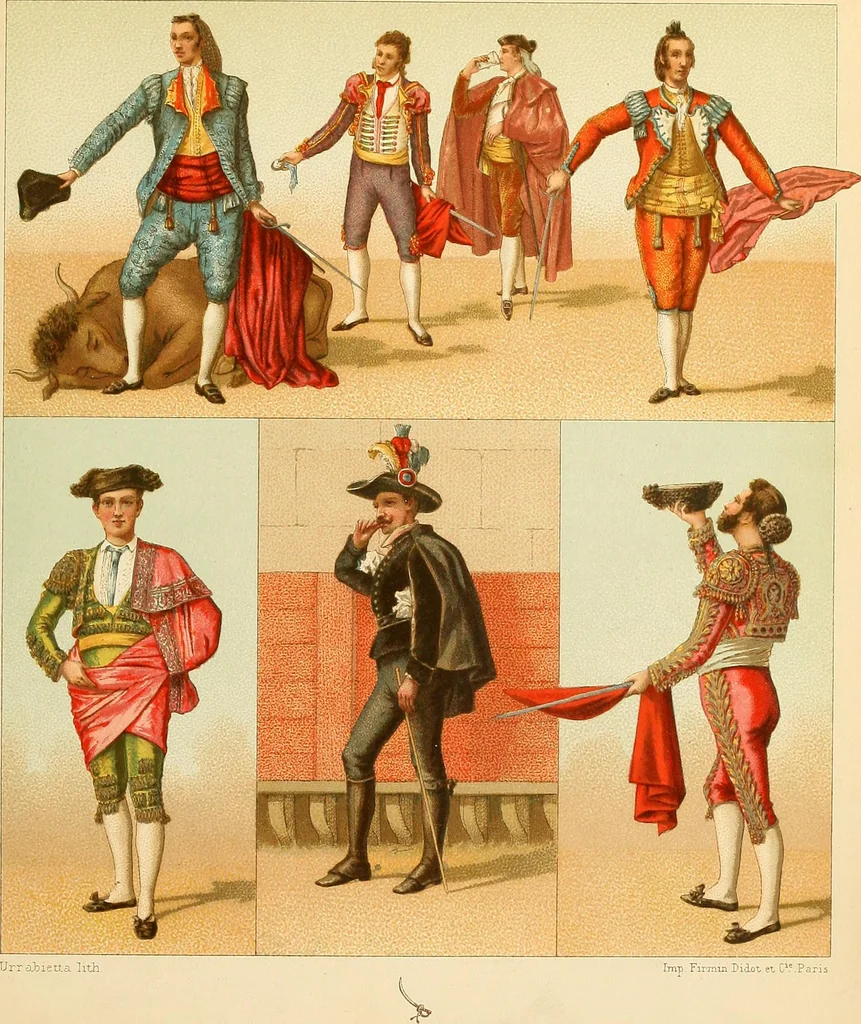 An illustration from Le costume historique. Cinq cents planches, trois cents en couleurs, or et argent, deux cents en camaieu. Types principaux du vêtement et de la parure, rapprochés de ceux de l'intérieur de l'habitation dans tous les temps et chez tous les peuples, avec de nombreux détails sur le mobilier, les armes, les objets usuels, les moyens de transport, etc, 1888, leaf 408
