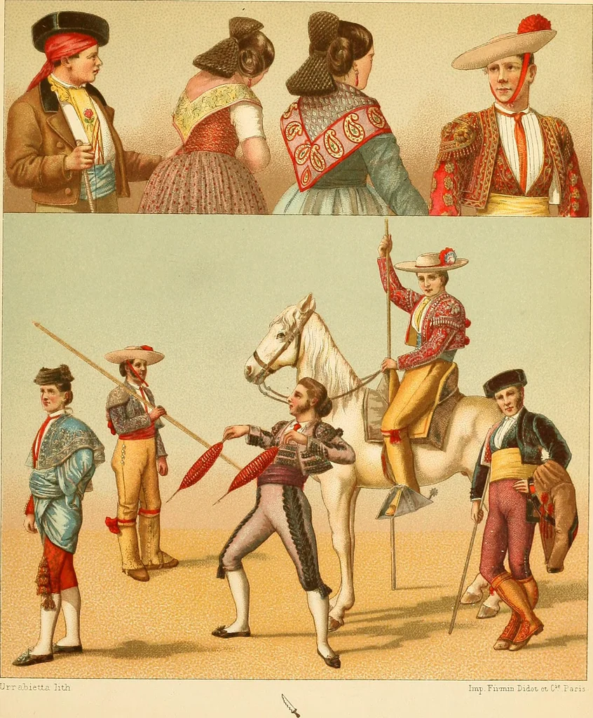An illustration from Le costume historique. Cinq cents planches, trois cents en couleurs, or et argent, deux cents en camaieu. Types principaux du vêtement et de la parure, rapprochés de ceux de l'intérieur de l'habitation dans tous les temps et chez tous les peuples, avec de nombreux détails sur le mobilier, les armes, les objets usuels, les moyens de transport, etc, 1888, leaf 410
