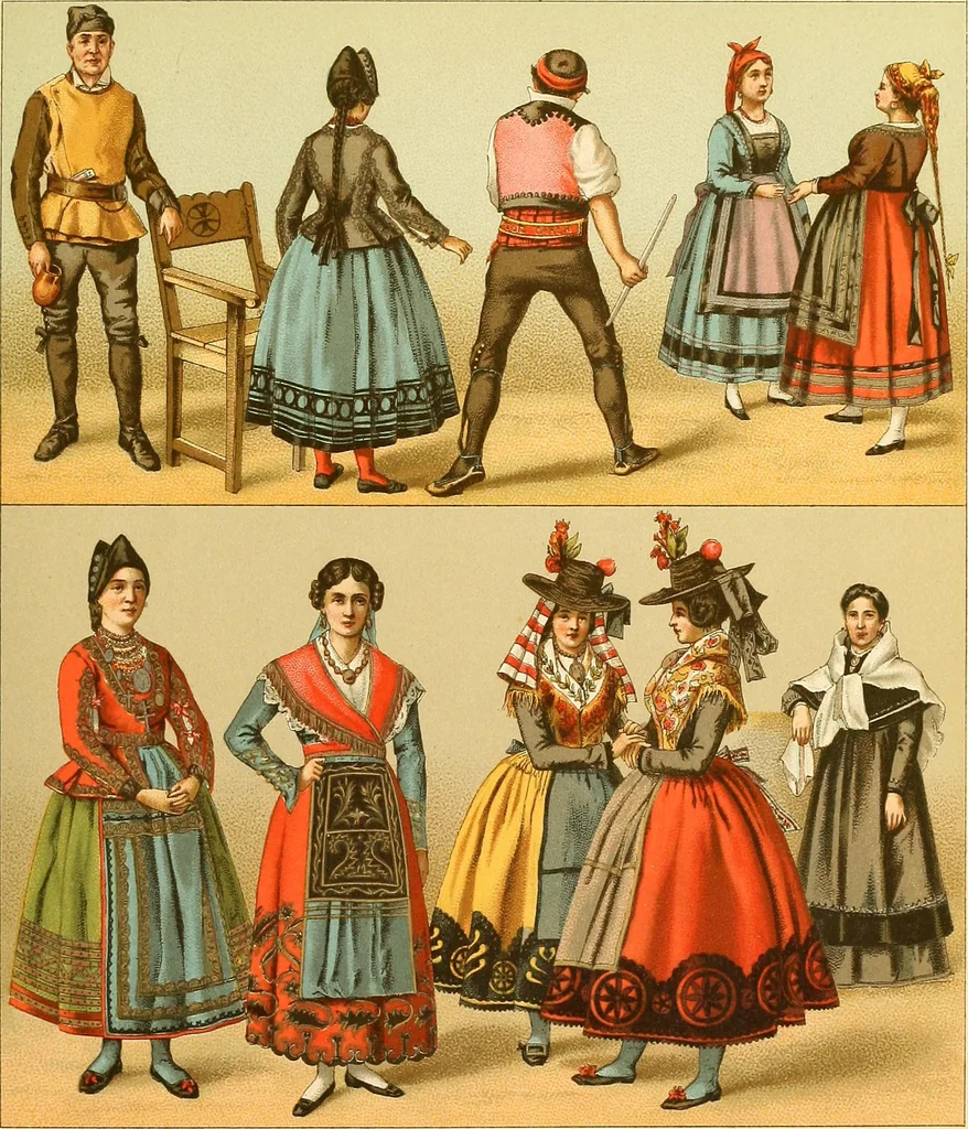 An illustration from Le costume historique. Cinq cents planches, trois cents en couleurs, or et argent, deux cents en camaieu. Types principaux du vêtement et de la parure, rapprochés de ceux de l'intérieur de l'habitation dans tous les temps et chez tous les peuples, avec de nombreux détails sur le mobilier, les armes, les objets usuels, les moyens de transport, etc, 1888, leaf 416