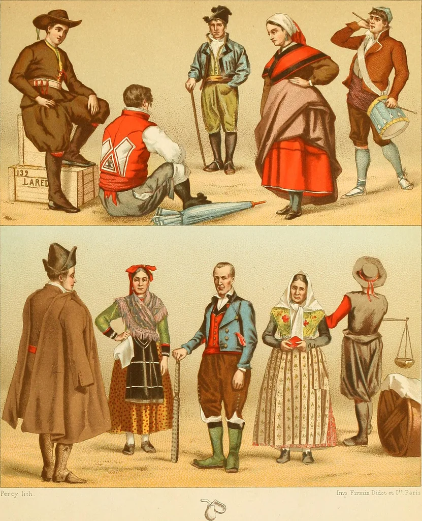 An illustration from Le costume historique. Cinq cents planches, trois cents en couleurs, or et argent, deux cents en camaieu. Types principaux du vêtement et de la parure, rapprochés de ceux de l'intérieur de l'habitation dans tous les temps et chez tous les peuples, avec de nombreux détails sur le mobilier, les armes, les objets usuels, les moyens de transport, etc, 1888, leaf 420