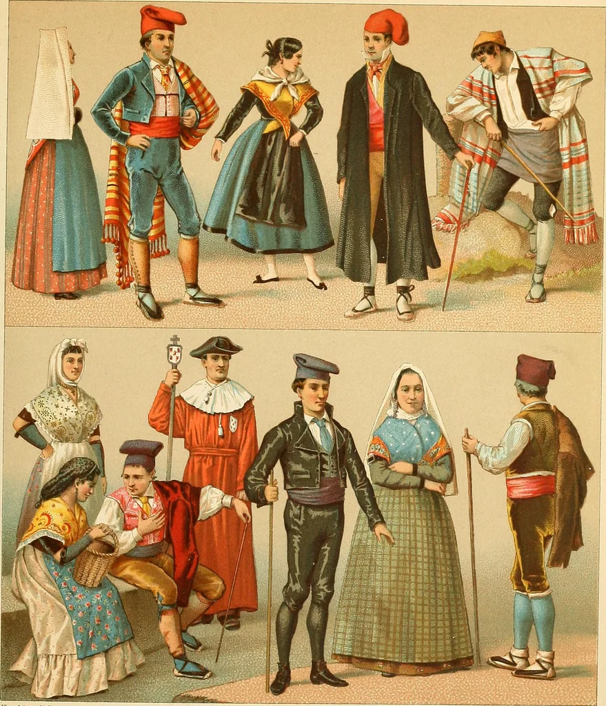 An illustration from Le costume historique. Cinq cents planches, trois cents en couleurs, or et argent, deux cents en camaieu. Types principaux du vêtement et de la parure, rapprochés de ceux de l'intérieur de l'habitation dans tous les temps et chez tous les peuples, avec de nombreux détails sur le mobilier, les armes, les objets usuels, les moyens de transport, etc, 1888, leaf 426