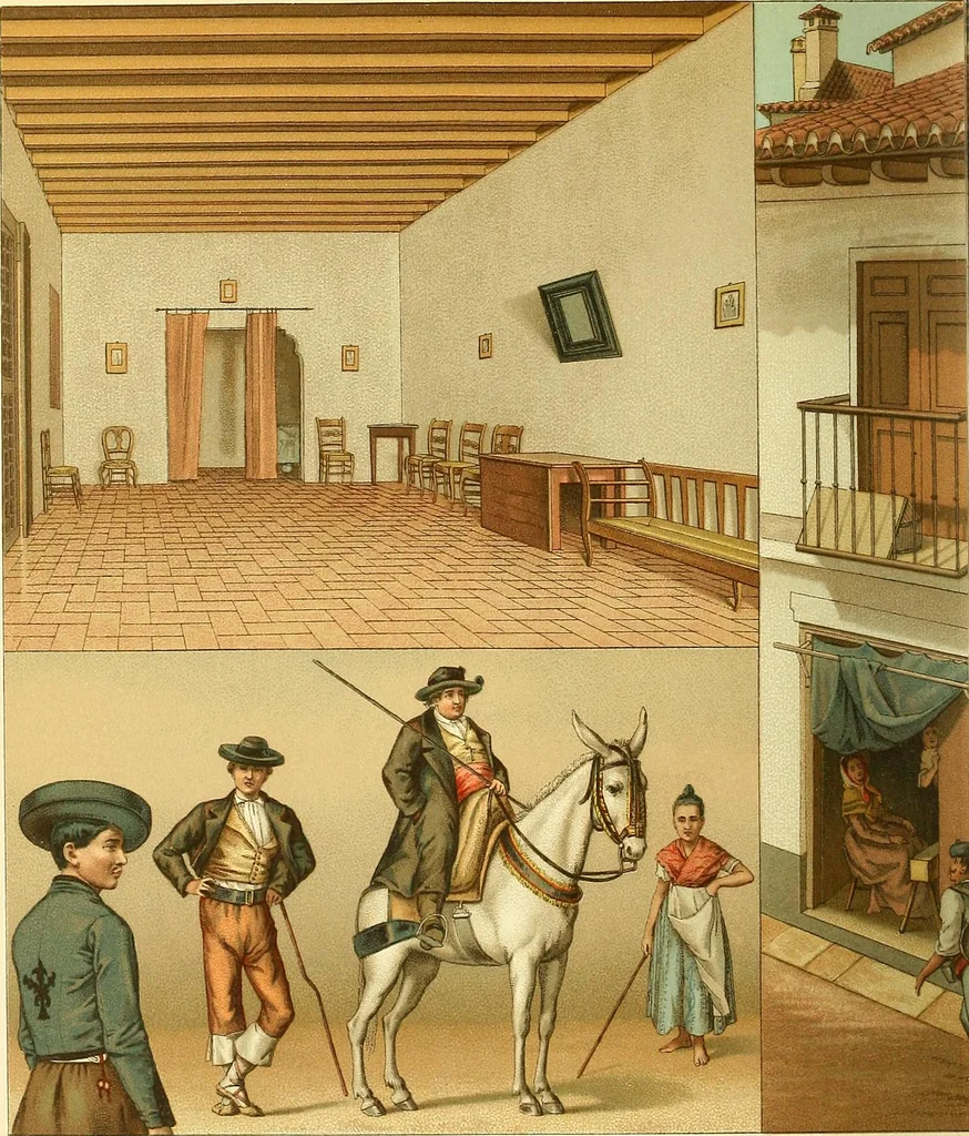 An illustration from Le costume historique. Cinq cents planches, trois cents en couleurs, or et argent, deux cents en camaieu. Types principaux du vêtement et de la parure, rapprochés de ceux de l'intérieur de l'habitation dans tous les temps et chez tous les peuples, avec de nombreux détails sur le mobilier, les armes, les objets usuels, les moyens de transport, etc, 1888, leaf 445