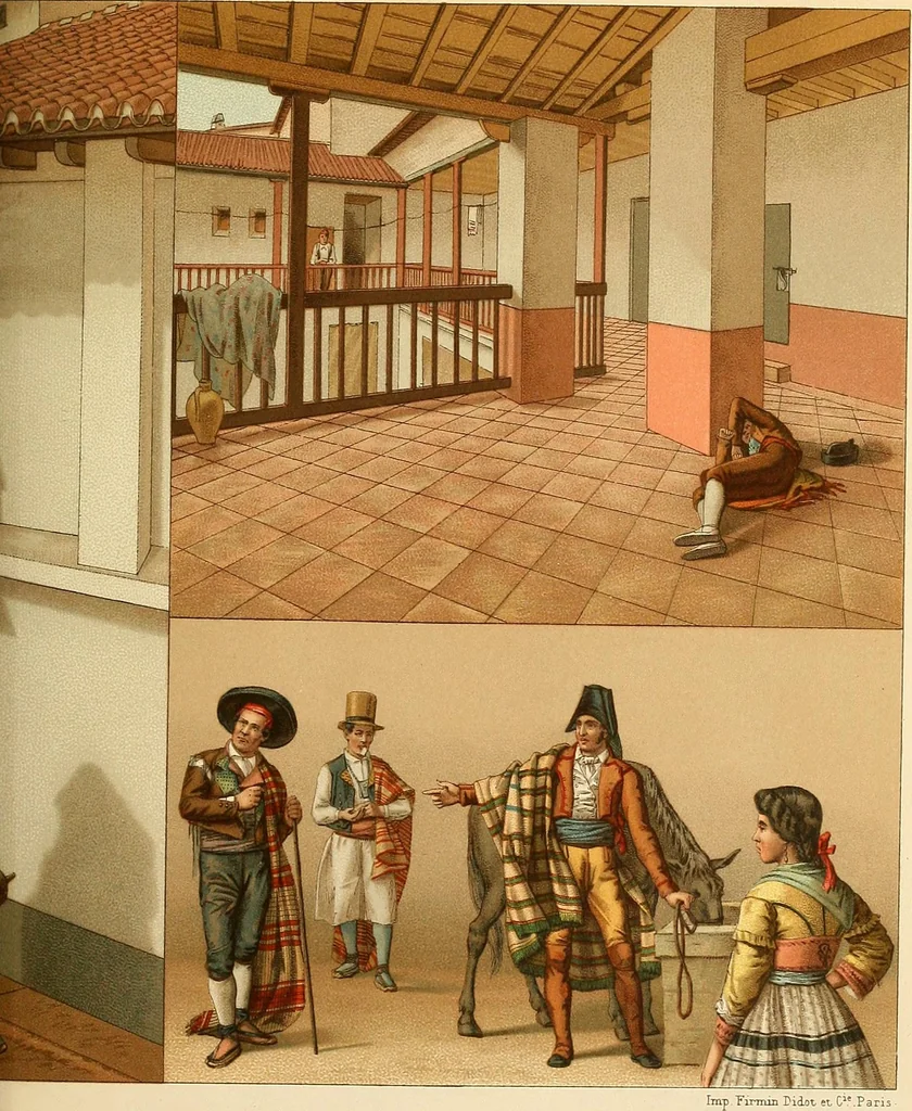 An illustration from Le costume historique. Cinq cents planches, trois cents en couleurs, or et argent, deux cents en camaieu. Types principaux du vêtement et de la parure, rapprochés de ceux de l'intérieur de l'habitation dans tous les temps et chez tous les peuples, avec de nombreux détails sur le mobilier, les armes, les objets usuels, les moyens de transport, etc, 1888, leaf 446