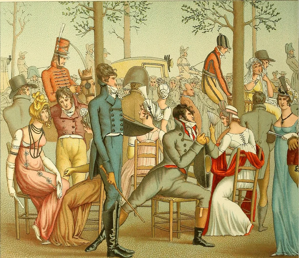 An illustration from Le costume historique. Cinq cents planches, trois cents en couleurs, or et argent, deux cents en camaieu. Types principaux du vêtement et de la parure, rapprochés de ceux de l'intérieur de l'habitation dans tous les temps et chez tous les peuples, avec de nombreux détails sur le mobilier, les armes, les objets usuels, les moyens de transport, etc, 1888, leaf 45