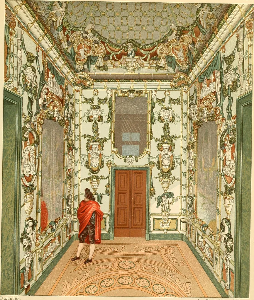 An illustration from Le costume historique. Cinq cents planches, trois cents en couleurs, or et argent, deux cents en camaieu. Types principaux du vêtement et de la parure, rapprochés de ceux de l'intérieur de l'habitation dans tous les temps et chez tous les peuples, avec de nombreux détails sur le mobilier, les armes, les objets usuels, les moyens de transport, etc, 1888, leaf 454