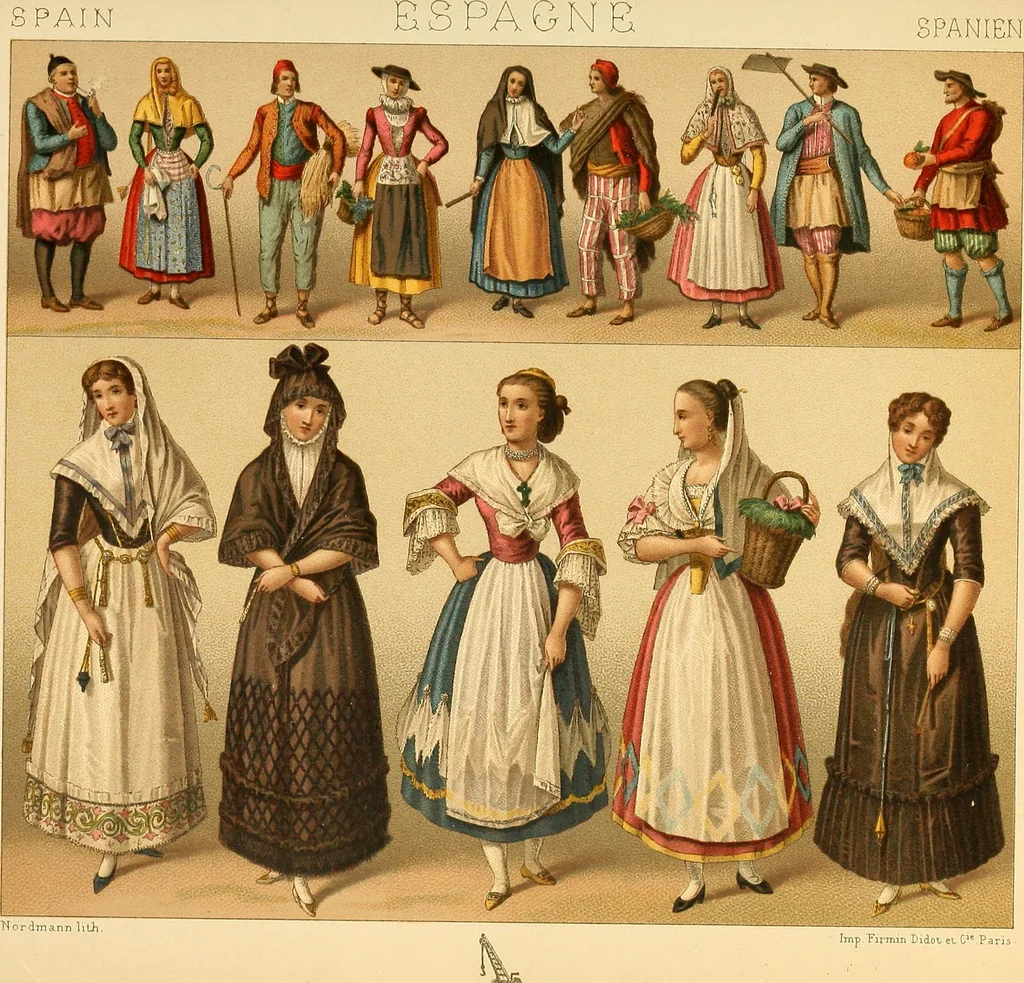 An illustration from Le costume historique. Cinq cents planches, trois cents en couleurs, or et argent, deux cents en camaieu. Types principaux du vêtement et de la parure, rapprochés de ceux de l'intérieur de l'habitation dans tous les temps et chez tous les peuples, avec de nombreux détails sur le mobilier, les armes, les objets usuels, les moyens de transport, etc, 1888, leaf 458