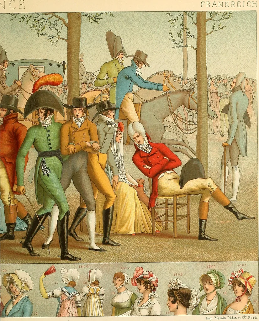 An illustration from Le costume historique. Cinq cents planches, trois cents en couleurs, or et argent, deux cents en camaieu. Types principaux du vêtement et de la parure, rapprochés de ceux de l'intérieur de l'habitation dans tous les temps et chez tous les peuples, avec de nombreux détails sur le mobilier, les armes, les objets usuels, les moyens de transport, etc, 1888, leaf 46