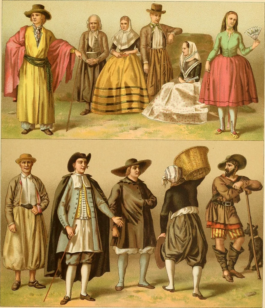 An illustration from Le costume historique. Cinq cents planches, trois cents en couleurs, or et argent, deux cents en camaieu. Types principaux du vêtement et de la parure, rapprochés de ceux de l'intérieur de l'habitation dans tous les temps et chez tous les peuples, avec de nombreux détails sur le mobilier, les armes, les objets usuels, les moyens de transport, etc, 1888, leaf 462