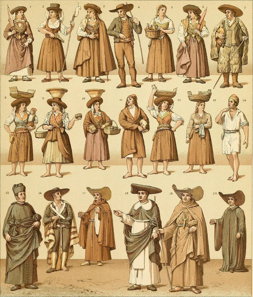 An illustration from Le costume historique. Cinq cents planches, trois cents en couleurs, or et argent, deux cents en camaieu. Types principaux du vêtement et de la parure, rapprochés de ceux de l'intérieur de l'habitation dans tous les temps et chez tous les peuples, avec de nombreux détails sur le mobilier, les armes, les objets usuels, les moyens de transport, etc, 1888, leaf 468