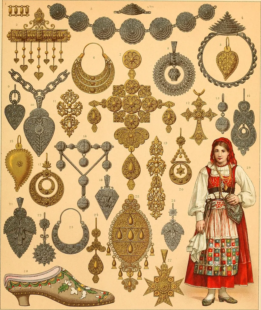An illustration from Le costume historique. Cinq cents planches, trois cents en couleurs, or et argent, deux cents en camaieu. Types principaux du vêtement et de la parure, rapprochés de ceux de l'intérieur de l'habitation dans tous les temps et chez tous les peuples, avec de nombreux détails sur le mobilier, les armes, les objets usuels, les moyens de transport, etc, 1888, leaf 474