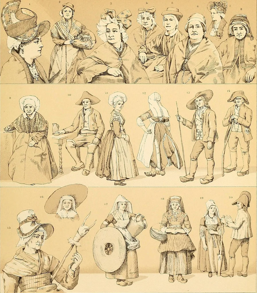An illustration from Le costume historique. Cinq cents planches, trois cents en couleurs, or et argent, deux cents en camaieu. Types principaux du vêtement et de la parure, rapprochés de ceux de l'intérieur de l'habitation dans tous les temps et chez tous les peuples, avec de nombreux détails sur le mobilier, les armes, les objets usuels, les moyens de transport, etc, 1888, leaf 482