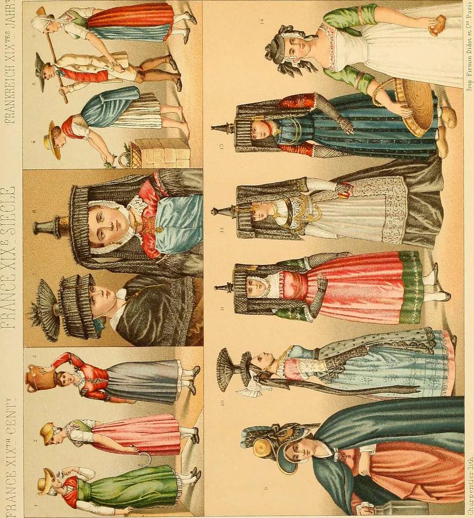 An illustration from Le costume historique. Cinq cents planches, trois cents en couleurs, or et argent, deux cents en camaieu. Types principaux du vêtement et de la parure, rapprochés de ceux de l'intérieur de l'habitation dans tous les temps et chez tous les peuples, avec de nombreux détails sur le mobilier, les armes, les objets usuels, les moyens de transport, etc, 1888, leaf 502
