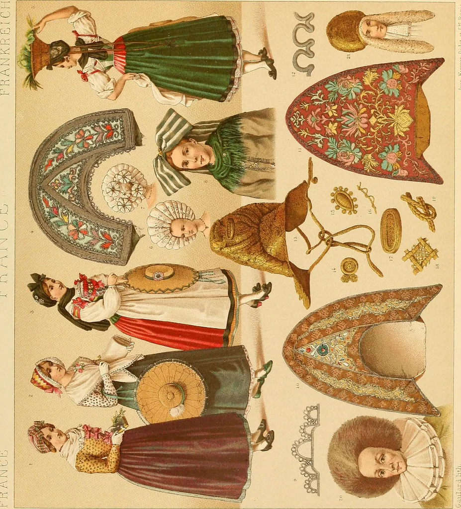 An illustration from Le costume historique. Cinq cents planches, trois cents en couleurs, or et argent, deux cents en camaieu. Types principaux du vêtement et de la parure, rapprochés de ceux de l'intérieur de l'habitation dans tous les temps et chez tous les peuples, avec de nombreux détails sur le mobilier, les armes, les objets usuels, les moyens de transport, etc, 1888, leaf 510