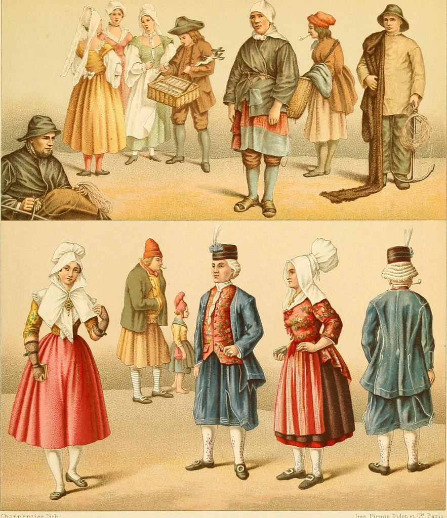 An illustration from Le costume historique. Cinq cents planches, trois cents en couleurs, or et argent, deux cents en camaieu. Types principaux du vêtement et de la parure, rapprochés de ceux de l'intérieur de l'habitation dans tous les temps et chez tous les peuples, avec de nombreux détails sur le mobilier, les armes, les objets usuels, les moyens de transport, etc, 1888, leaf 516