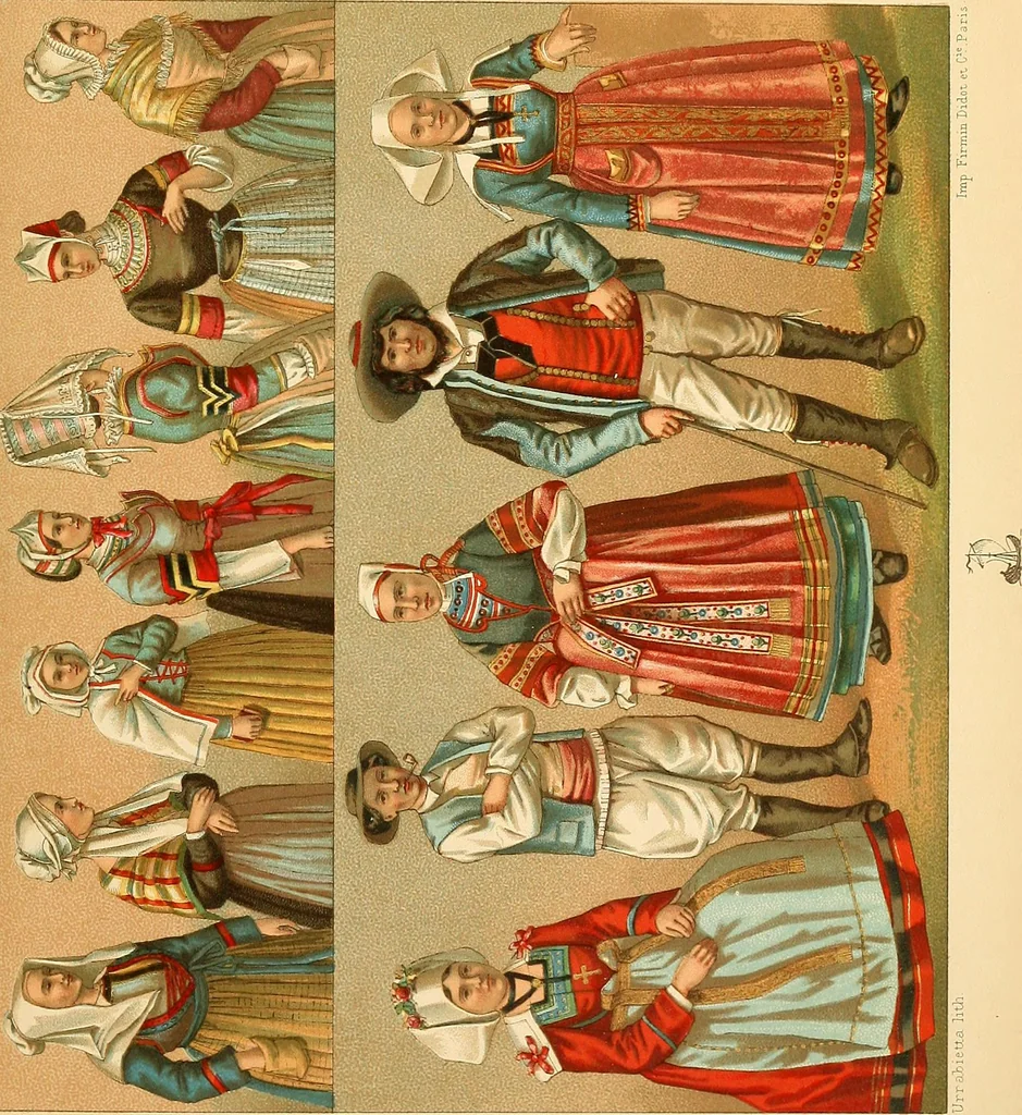 An illustration from Le costume historique. Cinq cents planches, trois cents en couleurs, or et argent, deux cents en camaieu. Types principaux du vêtement et de la parure, rapprochés de ceux de l'intérieur de l'habitation dans tous les temps et chez tous les peuples, avec de nombreux détails sur le mobilier, les armes, les objets usuels, les moyens de transport, etc, 1888, leaf 528