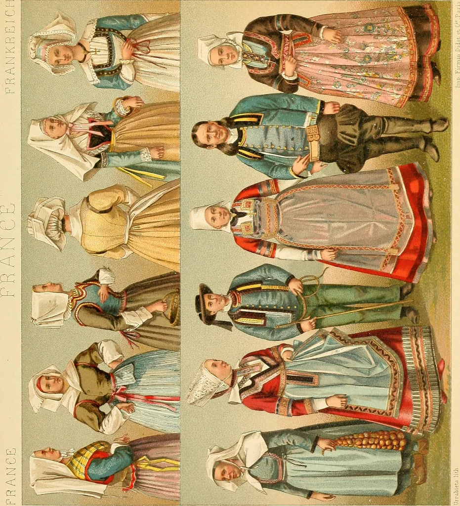 An illustration from Le costume historique. Cinq cents planches, trois cents en couleurs, or et argent, deux cents en camaieu. Types principaux du vêtement et de la parure, rapprochés de ceux de l'intérieur de l'habitation dans tous les temps et chez tous les peuples, avec de nombreux détails sur le mobilier, les armes, les objets usuels, les moyens de transport, etc, 1888, leaf 540