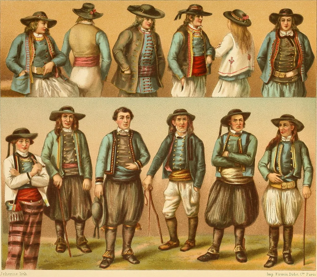 An illustration from Le costume historique. Cinq cents planches, trois cents en couleurs, or et argent, deux cents en camaieu. Types principaux du vêtement et de la parure, rapprochés de ceux de l'intérieur de l'habitation dans tous les temps et chez tous les peuples, avec de nombreux détails sur le mobilier, les armes, les objets usuels, les moyens de transport, etc, 1888, leaf 544