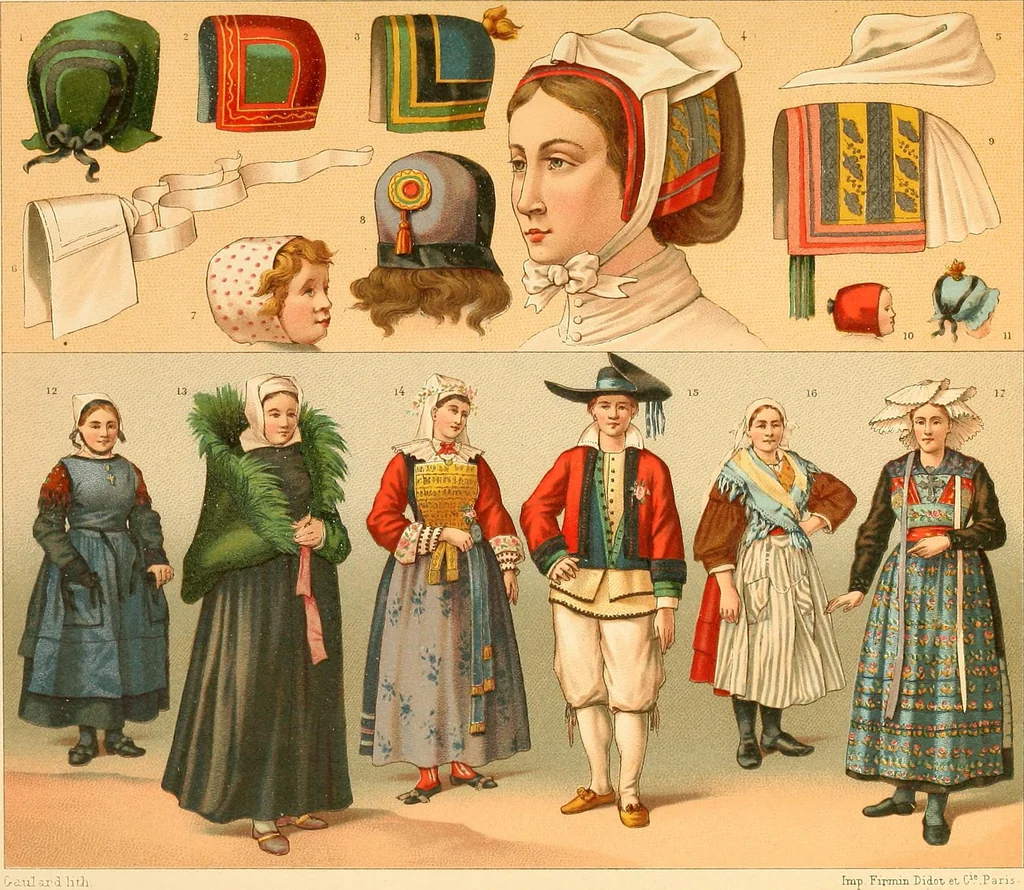 An illustration from Le costume historique. Cinq cents planches, trois cents en couleurs, or et argent, deux cents en camaieu. Types principaux du vêtement et de la parure, rapprochés de ceux de l'intérieur de l'habitation dans tous les temps et chez tous les peuples, avec de nombreux détails sur le mobilier, les armes, les objets usuels, les moyens de transport, etc, 1888, leaf 548