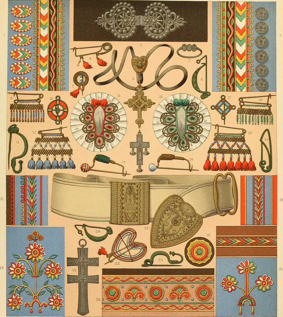 An illustration from Le costume historique. Cinq cents planches, trois cents en couleurs, or et argent, deux cents en camaieu. Types principaux du vêtement et de la parure, rapprochés de ceux de l'intérieur de l'habitation dans tous les temps et chez tous les peuples, avec de nombreux détails sur le mobilier, les armes, les objets usuels, les moyens de transport, etc, 1888, leaf 554