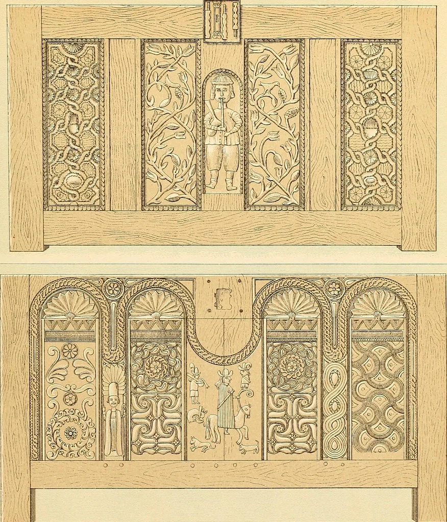 An illustration from Le costume historique. Cinq cents planches, trois cents en couleurs, or et argent, deux cents en camaieu. Types principaux du vêtement et de la parure, rapprochés de ceux de l'intérieur de l'habitation dans tous les temps et chez tous les peuples, avec de nombreux détails sur le mobilier, les armes, les objets usuels, les moyens de transport, etc, 1888, leaf 560