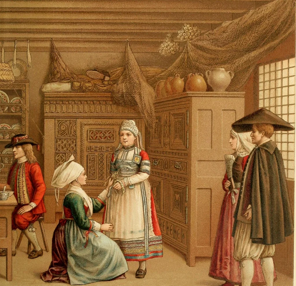 An illustration from Le costume historique. Cinq cents planches, trois cents en couleurs, or et argent, deux cents en camaieu. Types principaux du vêtement et de la parure, rapprochés de ceux de l'intérieur de l'habitation dans tous les temps et chez tous les peuples, avec de nombreux détails sur le mobilier, les armes, les objets usuels, les moyens de transport, etc, 1888, leaf 566