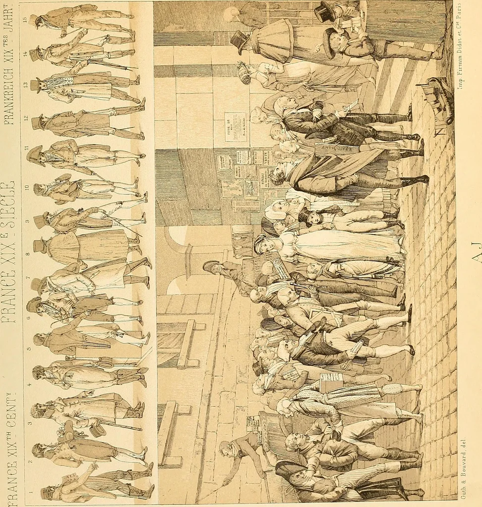 An illustration from Le costume historique. Cinq cents planches, trois cents en couleurs, or et argent, deux cents en camaieu. Types principaux du vêtement et de la parure, rapprochés de ceux de l'intérieur de l'habitation dans tous les temps et chez tous les peuples, avec de nombreux détails sur le mobilier, les armes, les objets usuels, les moyens de transport, etc, 1888, leaf 60