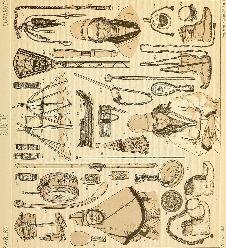 An illustration from Le costume historique. Cinq cents planches, trois cents en couleurs, or et argent, deux cents en camaieu. Types principaux du vêtement et de la parure, rapprochés de ceux de l'intérieur de l'habitation dans tous les temps et chez tous les peuples, avec de nombreux détails sur le mobilier, les armes, les objets usuels, les moyens de transport, etc, 1888, leaf 68